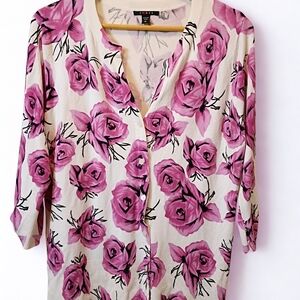 Cyrus Floral Rose Cardigan Women’s Small White Pink 3/4 Sleeve Knit Sweater